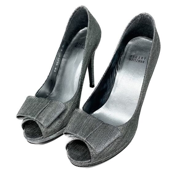 Stuart Weitzman silver pewter Bowright peep toe bow platform pumps size 8 - Picture 7 of 16